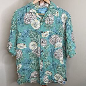 Hawaiian Shirt Bermuda Bay Tropical Pineapple Aloha Men Large 100% Silk